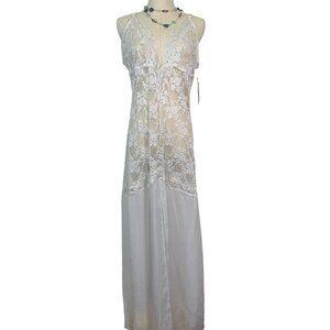 Womens White Lace Bust Sheer Long NightGown With Slit Bridal Romantic Lingerie